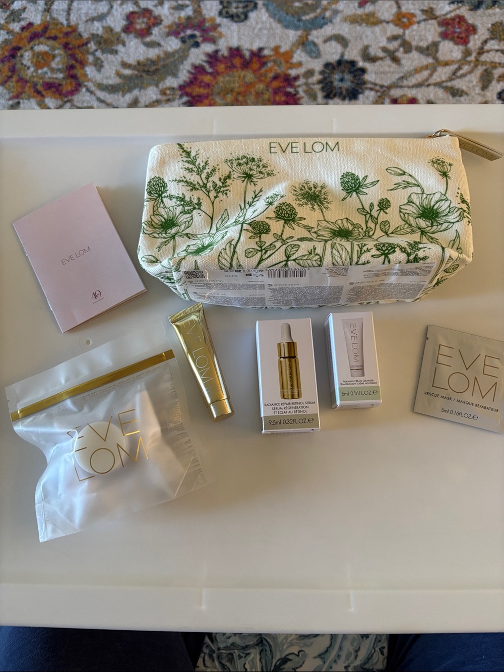 EVE LOM Green Floral Cosmetic Bag with Skincare Set - Cream & Green